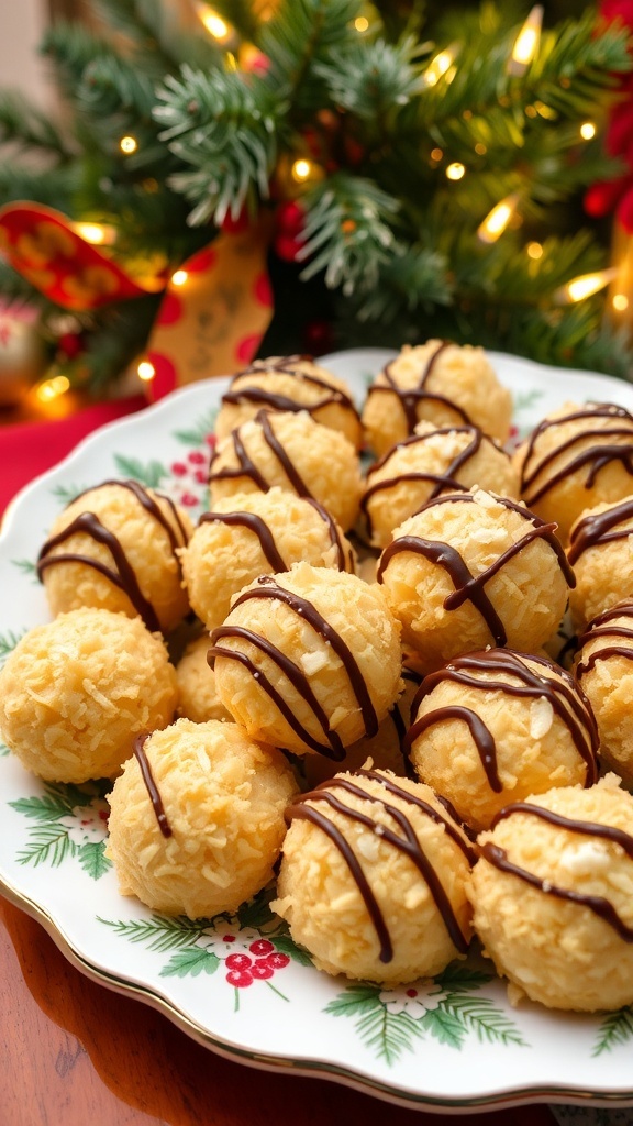 Festive Coconut Macaroons Recipe A plate of coconut macaroons drizzled with chocolate, surrounded by Christmas decorations.